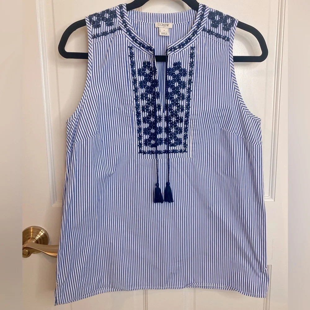 J. CREW Embroidered blue and white striped tank sleeveless 100% cotton 4 T…